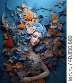 Mystical Fusion: Paper Sculptures in the Style of Tanya Shatseva and Viktor Vasnetsov, Inspired by Kokai Sy and Jessica Drossin. Azure and Amber Tones with Lively Naturalistic Colors. Стоковая иллюстрация, иллюстратор Konstantin Plotnikov / Фотобанк Лори