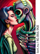 The Kiss - Alien cyborg kissing cute girl. Стоковое AI-изображение, AI-художник Роман Сигаев / Фотобанк Лори