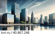 City with contemporary office buldings with water reflection. Стоковое AI-изображение, AI-художник Роман Сигаев / Фотобанк Лори