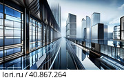 City street with contemporary office buldings. Стоковое AI-изображение, AI-художник Роман Сигаев / Фотобанк Лори