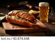 Bavarian real sausage breakfast with sausages, weissbier, soft pretzel and mild mustard on dark weathered wooden board from Germany. generated by AI. Стоковое AI-изображение, AI-художник Ирина Михайличенко / Фотобанк Лори