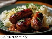 Bavarian fried sausages on sauerkraut. Image generated by artificial intelligence. Стоковое AI-изображение, AI-художник Ирина Михайличенко / Фотобанк Лори