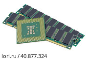 Современный микропроцессор и планки памяти на белом фоне. Modern CPU and RAM isolated on white background. Стоковое фото, фотограф Татьяна Д / Фотобанк Лори