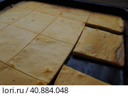 Razlevusha or razlevak, delicious Balkan pie or flatbread baked in the oven on a baking sheet of eggs, flour, cheese, sour cream or yogurt. Bosnian - Herceg - Serbian - Macedonian - Croatian recipe. Стоковое фото, фотограф Юлия Петровская / Фотобанк Лори