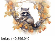 Cute raccoon on a branch on a white background, watercolor painting , Generative AI. Стоковое AI-изображение, AI-художник Анна Кривицкая / Фотобанк Лори