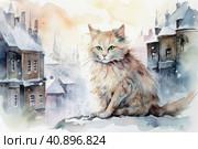 Cat on the background at the city at night, winter and snow-covered gabled roofs, smoke from chimneys in the rococo style,, watercolor painting , Generative AI. Стоковое AI-изображение, AI-художник Анна Кривицкая / Фотобанк Лори
