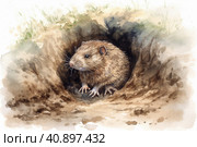 Field mouse in a hole in the ground, watercolor painting , Generative AI. Стоковое AI-изображение, AI-художник Анна Кривицкая / Фотобанк Лори