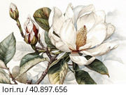 Blooming white magnolia isolated on white background, watercolor painting , Generative AI. Стоковое AI-изображение, AI-художник Анна Кривицкая / Фотобанк Лори