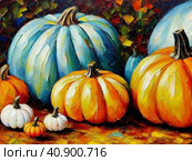 Decorative ornamental orange pumpkins. A jack-o'-lantern or jack o'lantern. Halloween or Hallowe'en, Allhalloween, All Hallows' Eve, or All Saints' Eve. Bright vegetable background - still life. Стоковое AI-изображение, AI-художник Юлия Петровская / Фотобанк Лори