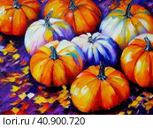 Decorative ornamental orange pumpkins. A jack-o'-lantern or jack o'lantern. Halloween or Hallowe'en, Allhalloween, All Hallows' Eve, or All Saints' Eve. Bright vegetable background - still life. Стоковое AI-изображение, AI-художник Юлия Петровская / Фотобанк Лори