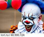 It is a shape-shifting monster, Pennywise the Clown. Appeared in the Universe. Terrible laughing grimace and evil eyes. Pennywise the Dancing Clown. Eats children and their fears. Sociopathy disease. Стоковое AI-изображение, AI-художник Юлия Петровская / Фотобанк Лори
