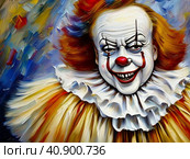 It is a shape-shifting monster, Pennywise the Clown. Appeared in the Universe. Terrible laughing grimace and evil eyes. Pennywise the Dancing Clown. Eats children and their fears. Sociopathy disease. Стоковое AI-изображение, AI-художник Юлия Петровская / Фотобанк Лори