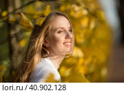 Красивая молодая женщина со светло-каштановыми волосами в белом свитере на фоне листвы в осеннем парке. Портрет привлекательной счастливой женщины среди красочных желтых листьев. Осенний сезон. Осень. Стоковое фото, фотограф Андрей Степанов / Фотобанк Лори
