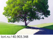 Superb minimalism lonely tree on landscape summer. Стоковое AI-изображение, AI-художник Евгений Ткачёв / Фотобанк Лори