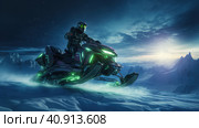 Futuristic snowmobile in the snows of the Arctic night with the Northern lights. Generative AI. Стоковое AI-изображение, AI-художник Ирина Ручушкина / Фотобанк Лори