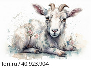 Cute white goatling on white background, watercolor style, Generative AI. Стоковое AI-изображение, AI-художник Анна Кривицкая / Фотобанк Лори