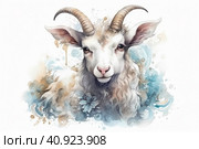 Cute white goatling on white background, watercolor style, Generative AI. Стоковое AI-изображение, AI-художник Анна Кривицкая / Фотобанк Лори