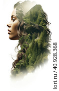 The image of a young beautiful girl and a forest with mountains. Generated by AI. Стоковое AI-изображение, AI-художник Ярославский Максим / Фотобанк Лори