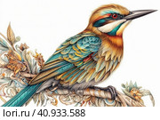 Drawing of a bee-eater on a white background, watercolor style, Generative AI. Стоковое AI-изображение, AI-художник Анна Кривицкая / Фотобанк Лори