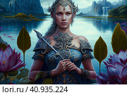 Mesmerizing Lady of the Mountain Lake in a Gorgeous blue dress with the sword Excalibur, watercolor style, Generative AI. Стоковое AI-изображение, AI-художник Анна Кривицкая / Фотобанк Лори