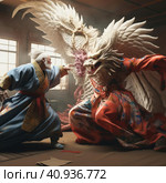 A man fights a dragon. Стоковое AI-изображение, AI-художник Кирилл Черезов / Фотобанк Лори