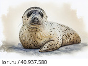 Harp seal, or bald seal. Phoca groenlandica, lat. Pagophilus groenlandicus on a light background, watercolor style, Generative AI. Стоковое AI-изображение, AI-художник Анна Кривицкая / Фотобанк Лори