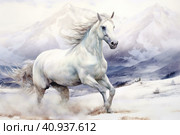 Beautiful running white horse on a light background, watercolor style, Generative AI. Стоковое AI-изображение, AI-художник Анна Кривицкая / Фотобанк Лори