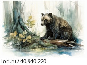 Wolverine in the forest, watercolor style, Generative AI. Стоковое AI-изображение, AI-художник Анна Кривицкая / Фотобанк Лори