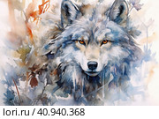 Wolf in frost in winter forest, watercolor style, Generative AI. Стоковое AI-изображение, AI-художник Анна Кривицкая / Фотобанк Лори