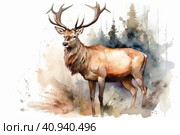 Deer with big antlers in the forest, watercolor style, Generative AI. Стоковое AI-изображение, AI-художник Анна Кривицкая / Фотобанк Лори