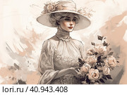 Light monochrome modern beautiful woman in 1910s fashion style with hourglass waist, voluminous skirt and wide hat decorated with flowers and veil.  Generative AI. Стоковое AI-изображение, AI-художник Анна Кривицкая / Фотобанк Лори