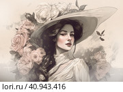 Light monochrome modern beautiful woman in 1910s fashion style with hourglass waist, voluminous skirt and wide hat decorated with flowers and veil.  Generative AI. Стоковое AI-изображение, AI-художник Анна Кривицкая / Фотобанк Лори