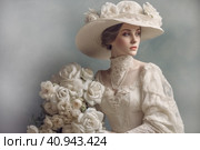 Light monochrome modern beautiful woman in 1910s fashion style with hourglass waist, voluminous skirt and wide hat decorated with flowers and veil.  Generative AI. Стоковое AI-изображение, AI-художник Анна Кривицкая / Фотобанк Лори