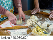 Cooking homemade pies with filling in rural house, rolling out dough, forming pie. Стоковое фото, фотограф Владимир Григорьев / Фотобанк Лори