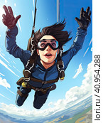 A female parachutist jumps out of an airplane and parachutes into the open sky. Created by AI. Стоковое AI-изображение, AI-художник Ярославский Максим / Фотобанк Лори