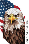 Bald American eagle on the background of the US flag. Стоковое AI-изображение, AI-художник Ярославский Максим / Фотобанк Лори