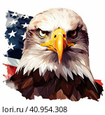 Bald American eagle on the background of the US flag. Стоковое AI-изображение, AI-художник Ярославский Максим / Фотобанк Лори