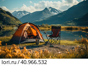Tourism concept. Tourist tent camping in summer mountains near the lake. Стоковое AI-изображение, AI-художник Ирина Михайличенко / Фотобанк Лори