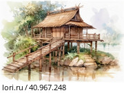 Landscape painting, ancient style, scroll, bamboo grove, wooden bridge, ancient architecture, upturned eaves, tranquility, pastoral scenery,, watercolor style, Generative AI. Стоковое AI-изображение, AI-художник Анна Кривицкая / Фотобанк Лори