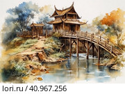 Landscape painting, ancient style, scroll, bamboo grove, wooden bridge, ancient architecture, upturned eaves, tranquility, pastoral scenery,, watercolor style, Generative AI. Стоковое AI-изображение, AI-художник Анна Кривицкая / Фотобанк Лори