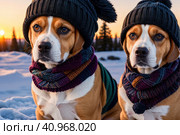 Adorable beagle dog posing outdoors sitting on a snow wearing an dark knitted scarf and hat in winter, early evening . Generative AI. Стоковое AI-изображение, AI-художник Sergey Grishin / Фотобанк Лори