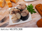 Mild-cured scomber with baguette on plate. Стоковое фото, фотограф Яков Филимонов / Фотобанк Лори
