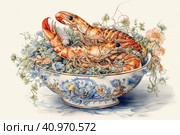 Still life with shrimps in a dish, watercolor style, Generative AI. Стоковое AI-изображение, AI-художник Анна Кривицкая / Фотобанк Лори