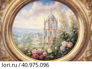 Large oval windows overlooked a garden with roses, watercolor style, Generative AI. Стоковое AI-изображение, AI-художник Анна Кривицкая / Фотобанк Лори