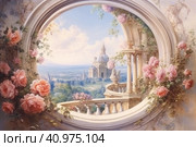 Large oval windows overlooked a garden with roses, watercolor style, Generative AI. Стоковое AI-изображение, AI-художник Анна Кривицкая / Фотобанк Лори