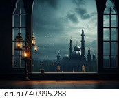 Ramadan carim in the background. View from a large window of the city at night. Стоковое AI-изображение, AI-художник Ярославский Максим / Фотобанк Лори