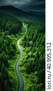 A road in the mountains among the relic forest. Generated by AI. Стоковое AI-изображение, AI-художник Ярославский Максим / Фотобанк Лори