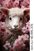 A young sheep in pink flowers. Стоковое AI-изображение, AI-художник Ярославский Максим / Фотобанк Лори