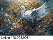 Heron in the grass, watercolor style, Generative AI. Стоковое AI-изображение, AI-художник Анна Кривицкая / Фотобанк Лори
