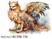 Fairy griffin on a white background, watercolor style, Generative AI. Стоковое AI-изображение, AI-художник Анна Кривицкая / Фотобанк Лори